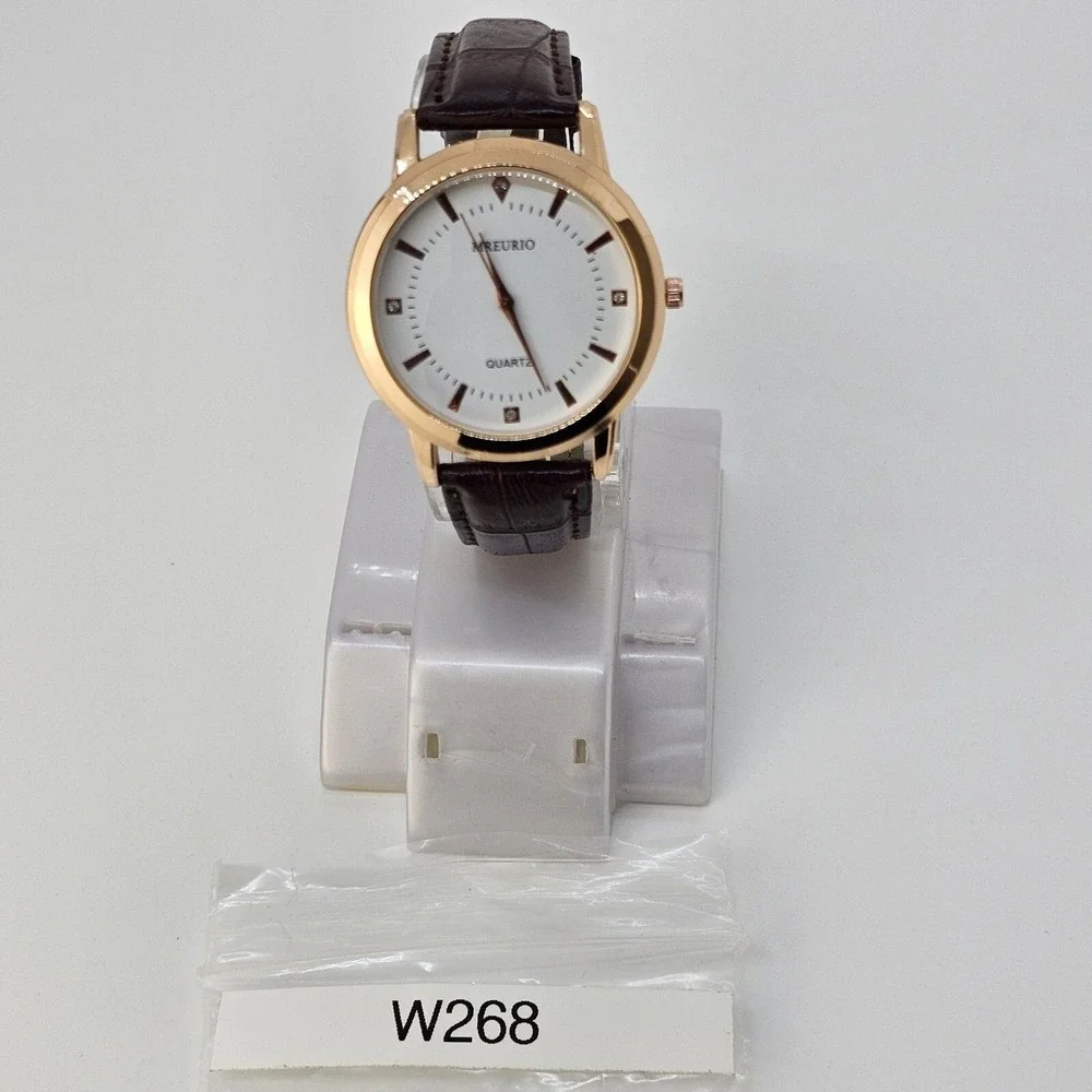 Men's‎ Watch 40MM White Gold Case Dial Brown Leather Bands New Battery